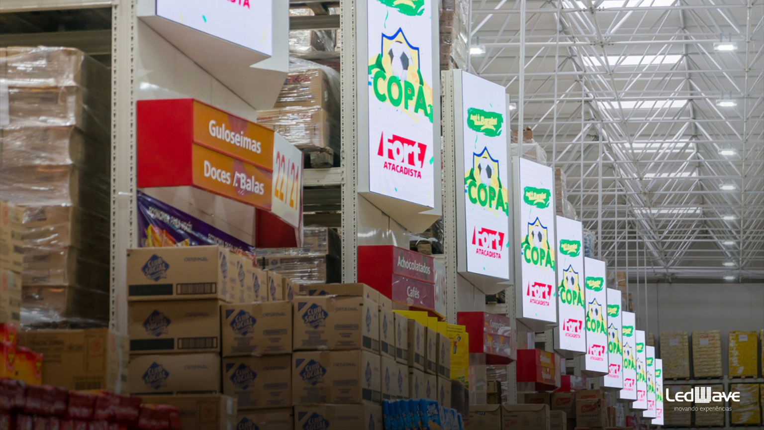 painel de LED para atacarejo instalado em corredor de rede atacadista